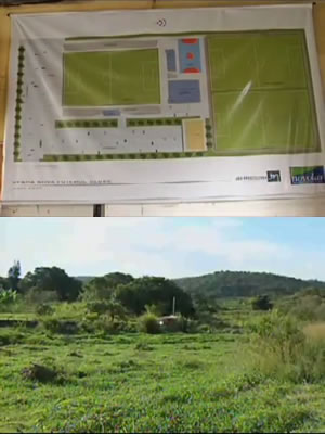 Projeto do novo estádio (acima) e o local das futuras instalações em Justinópolis - (Reprodução / TV Alterosa)